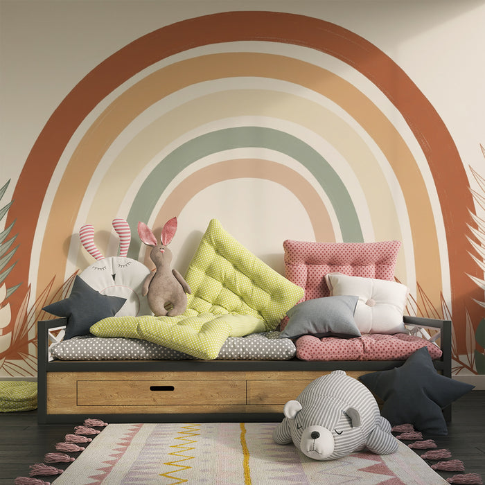 Tapety dla dzieci | Pastelowy tęczowy motyw otoczony tropikalną roślinnością