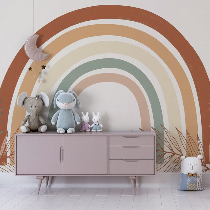 Tapety dla dzieci | Pastelowy tęczowy motyw otoczony tropikalną roślinnością