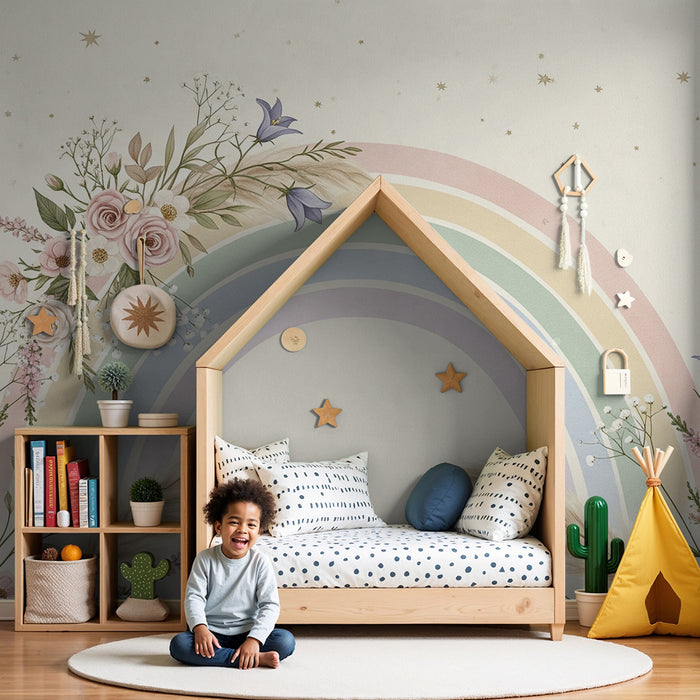 Nursery room wallpaper | Pastel rainbow surrounded by delicate flowers