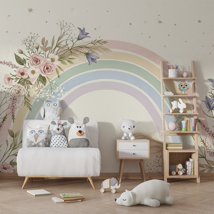 Nursery room wallpaper | Pastel rainbow surrounded by delicate flowers