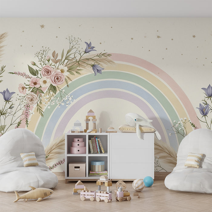Nursery room wallpaper | Pastel rainbow surrounded by delicate flowers