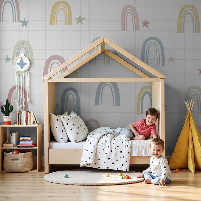 Papel pintado infantil | Arco iris pastel y estrellas sobre fondo a cuadros