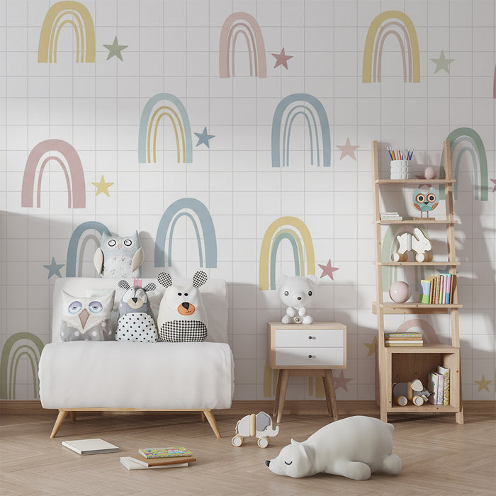 Papel pintado infantil | Arco iris pastel y estrellas sobre fondo a cuadros