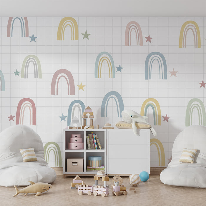 Papel pintado infantil | Arco iris pastel y estrellas sobre fondo a cuadros