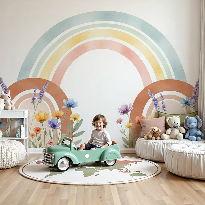Børneværelse tapet | Pastelfarvet regnbue og delikate blomster