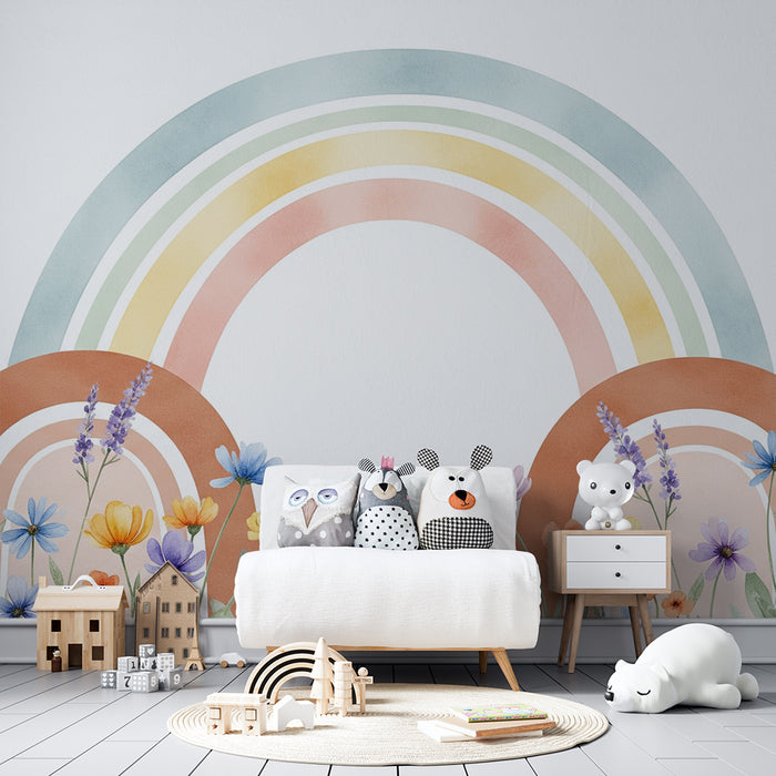 Børneværelse tapet | Pastelfarvet regnbue og delikate blomster