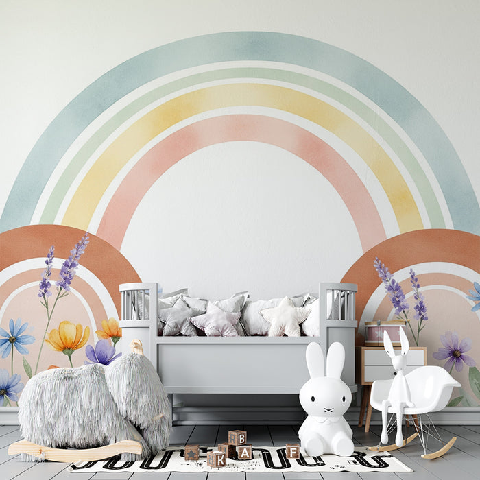 Børneværelse tapet | Pastelfarvet regnbue og delikate blomster