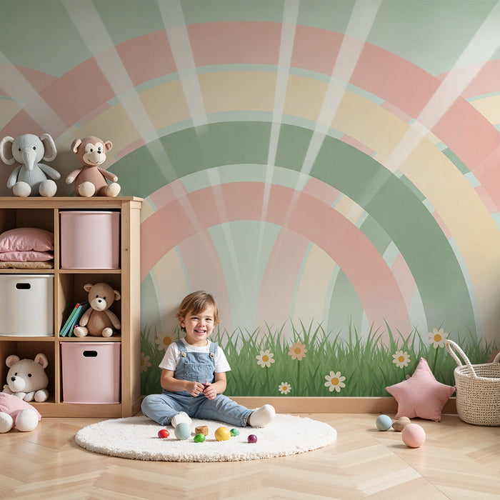 Barntapet | Pastell regnbåge och delikata blommor i en grön äng