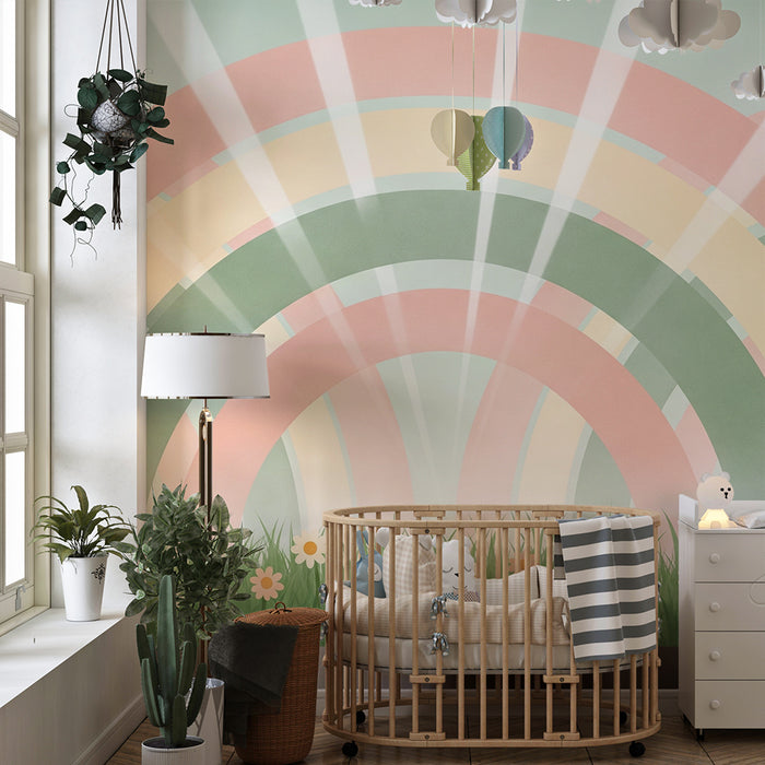 Barntapet | Pastell regnbåge och delikata blommor i en grön äng