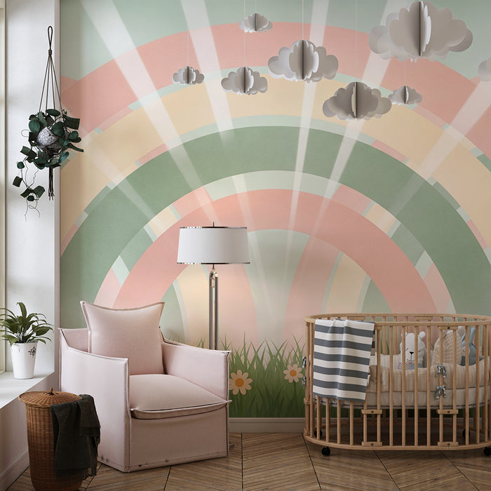 Barntapet | Pastell regnbåge och delikata blommor i en grön äng