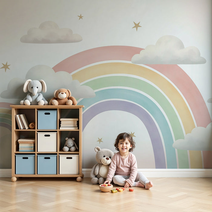 Papier peint chambre bébé | Arc-en-ciel pastel et nuages doux