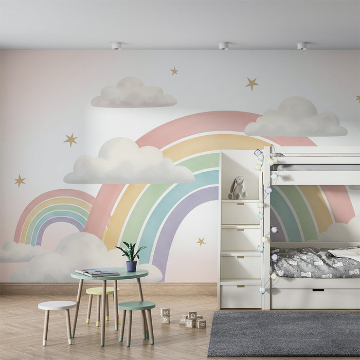 Papier peint chambre bébé | Arc-en-ciel pastel et nuages doux