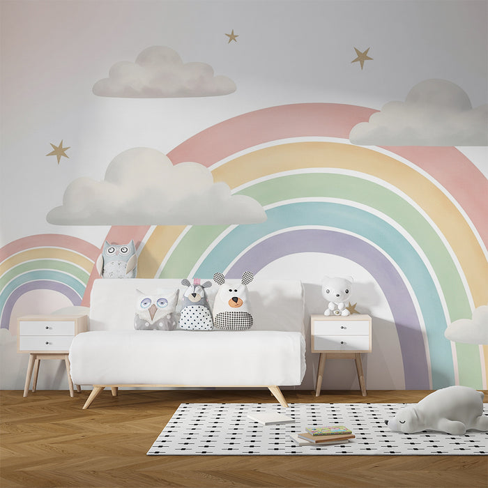 Papier peint chambre bébé | Arc-en-ciel pastel et nuages doux