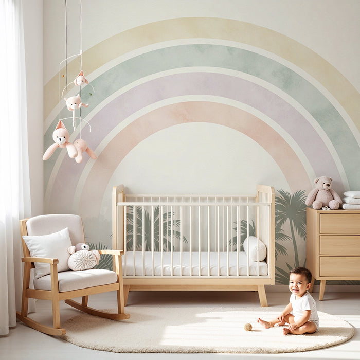 Babyzimmer Tapete | Pastellregenbogen und Palmen in einer sanften Atmosphäre