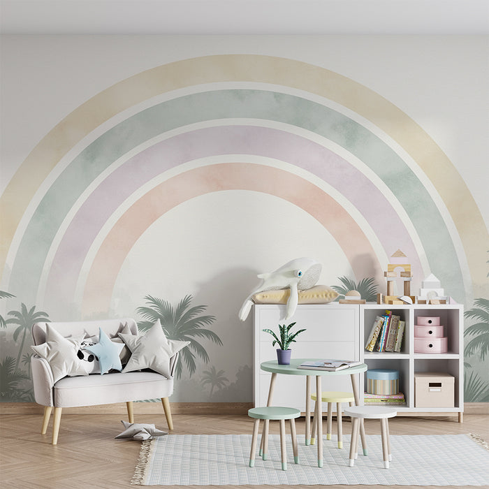 Babyzimmer Tapete | Pastellregenbogen und Palmen in einer sanften Atmosphäre