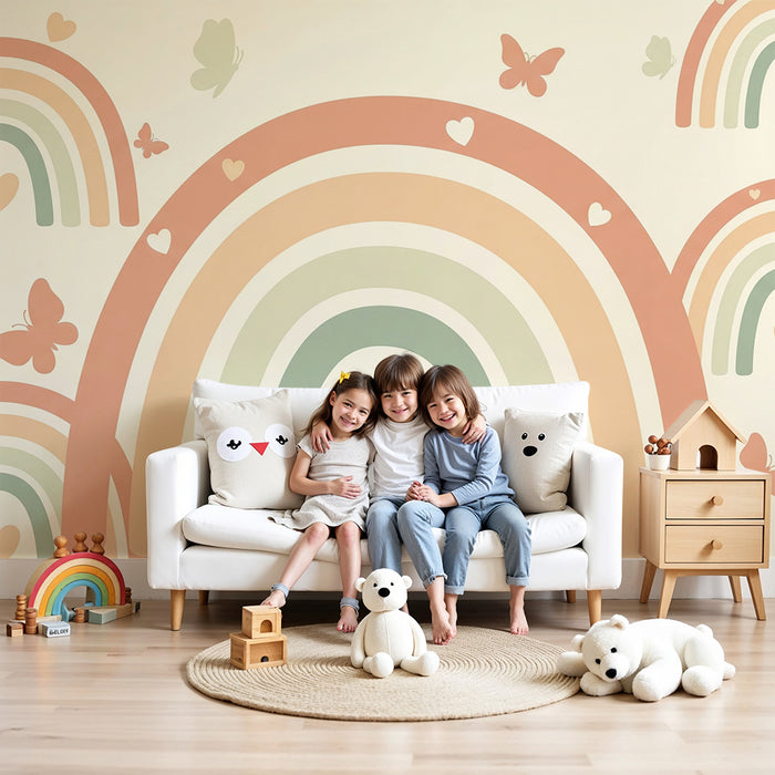 Papier peint chambre bébé | Arc-en-ciel pastel et papillons