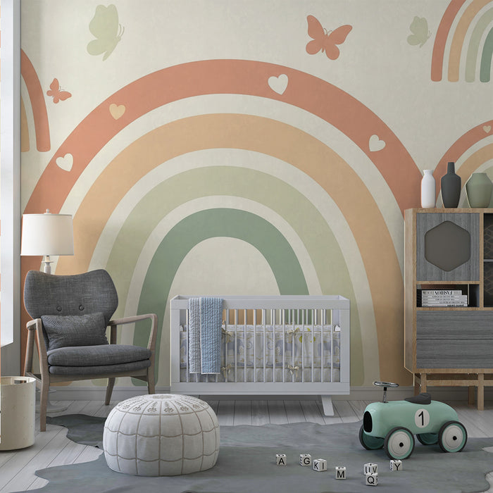 Papier peint chambre bébé | Arc-en-ciel pastel et papillons