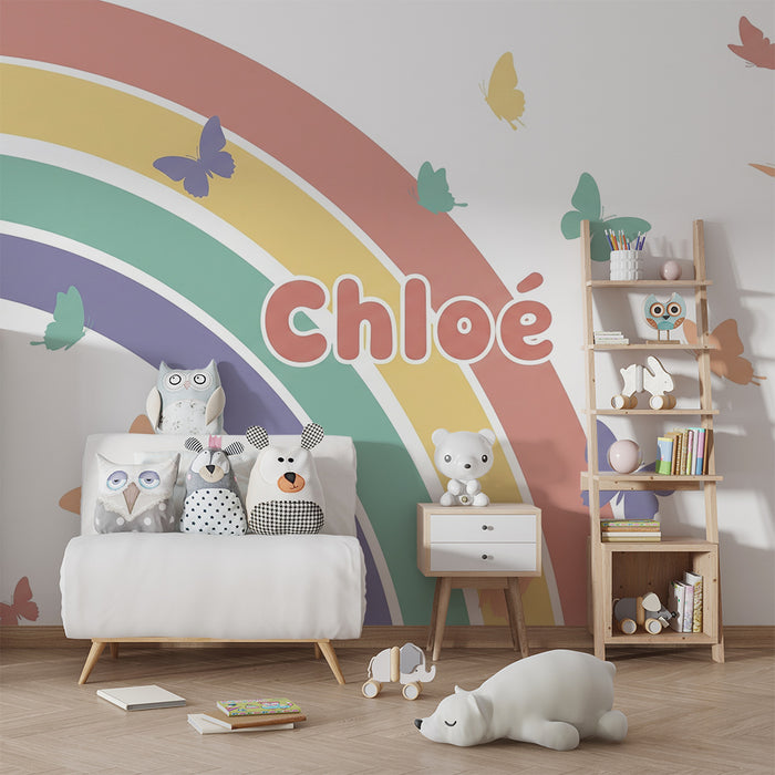 Nursery room wallpaper | Pastel rainbow and colorful butterflies