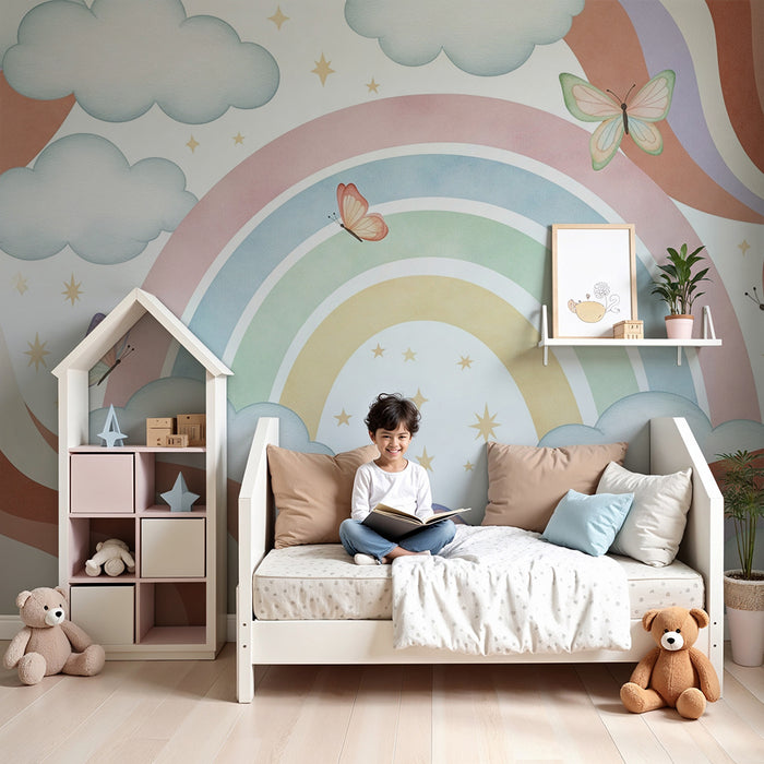 Børneværelse tapet | Pastelfarvet regnbue og sommerfugle i en skyet himmel