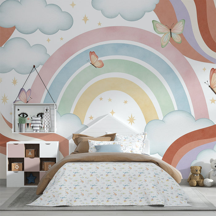 Børneværelse tapet | Pastelfarvet regnbue og sommerfugle i en skyet himmel