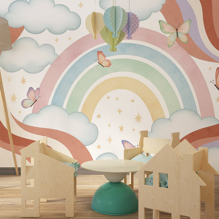 Børneværelse tapet | Pastelfarvet regnbue og sommerfugle i en skyet himmel