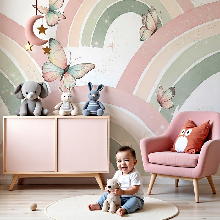 Lastenhuoneen tapetti | Vaalea sateenkaari ja herkät perhoset