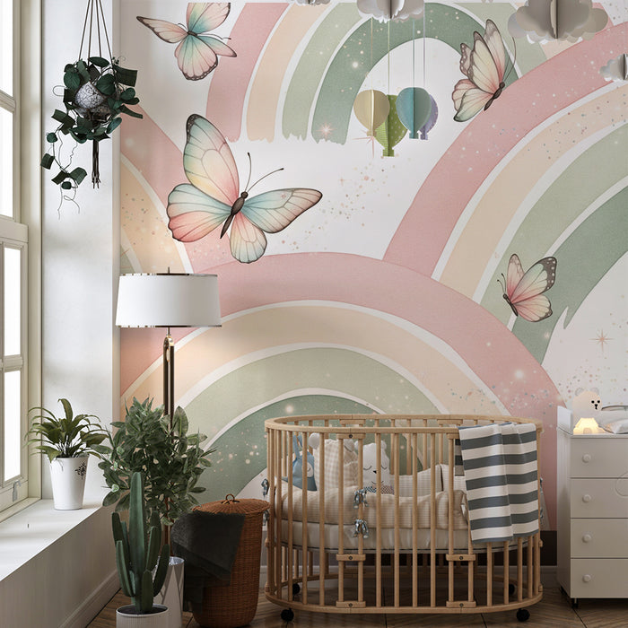 Lastenhuoneen tapetti | Vaalea sateenkaari ja herkät perhoset