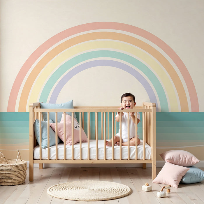 Papel de parede quarto bebê | Ανθοί του ουράνιου τόξου πάνω σε ήρεμο θαλάσσιο φόντο