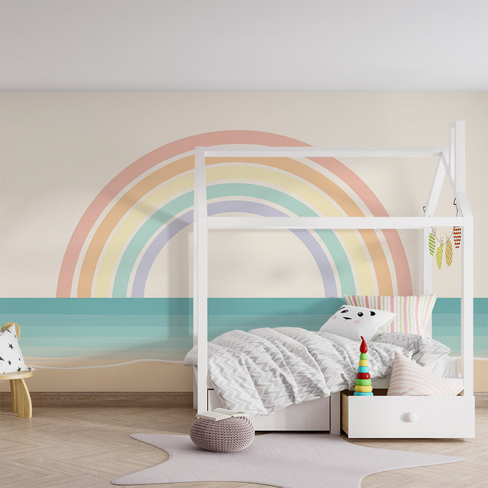 Papel de parede quarto bebê | Ανθοί του ουράνιου τόξου πάνω σε ήρεμο θαλάσσιο φόντο