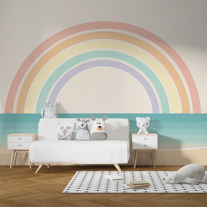 Papel de parede quarto bebê | Ανθοί του ουράνιου τόξου πάνω σε ήρεμο θαλάσσιο φόντο