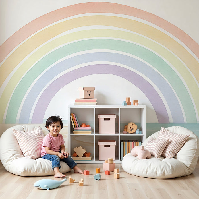 Papel de parede quarto bebê | Arco-íris pastel sobre fundo de praia