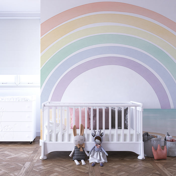 Papel de parede quarto bebê | Arco-íris pastel sobre fundo de praia