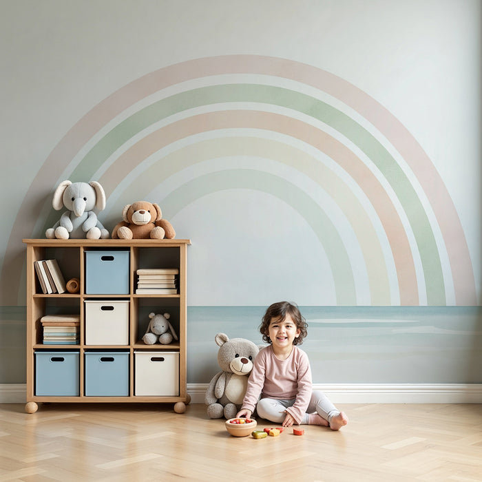 Papel de parede quarto bebê | Arco-íris pastel em fundo marinho calmante