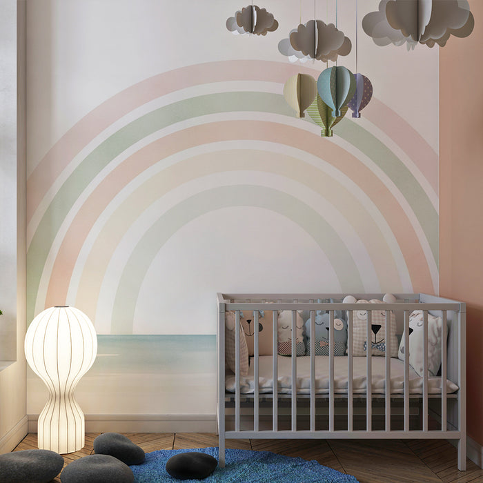 Papel de parede quarto bebê | Arco-íris pastel em fundo marinho calmante