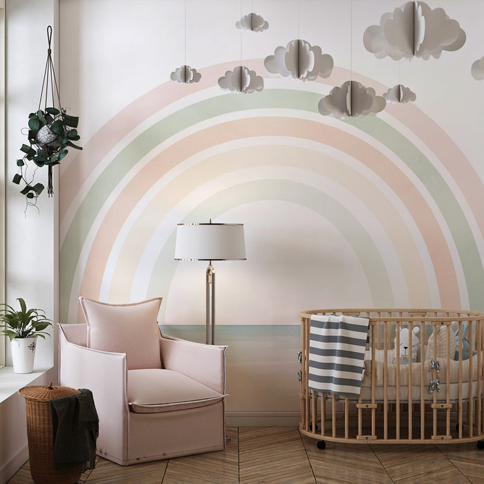 Papel de parede quarto bebê | Arco-íris pastel em fundo marinho calmante