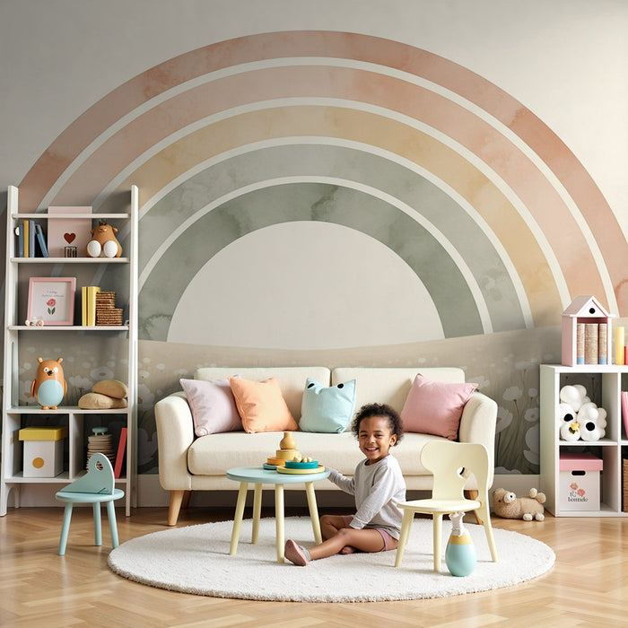 Tapet cameră bebeluși | Curcubeu pastel pe un câmp de flori delicate