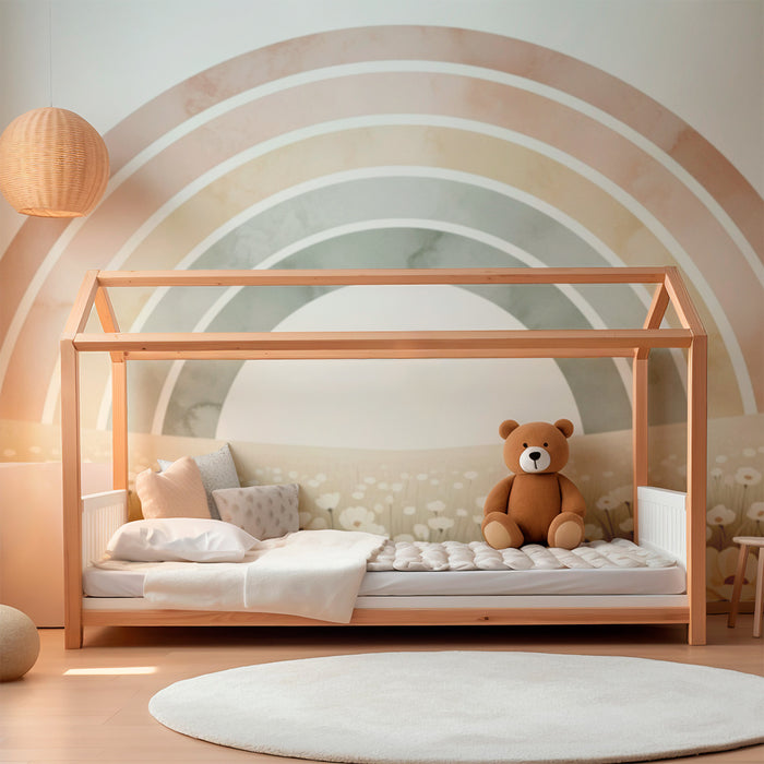 Tapet cameră bebeluși | Curcubeu pastel pe un câmp de flori delicate