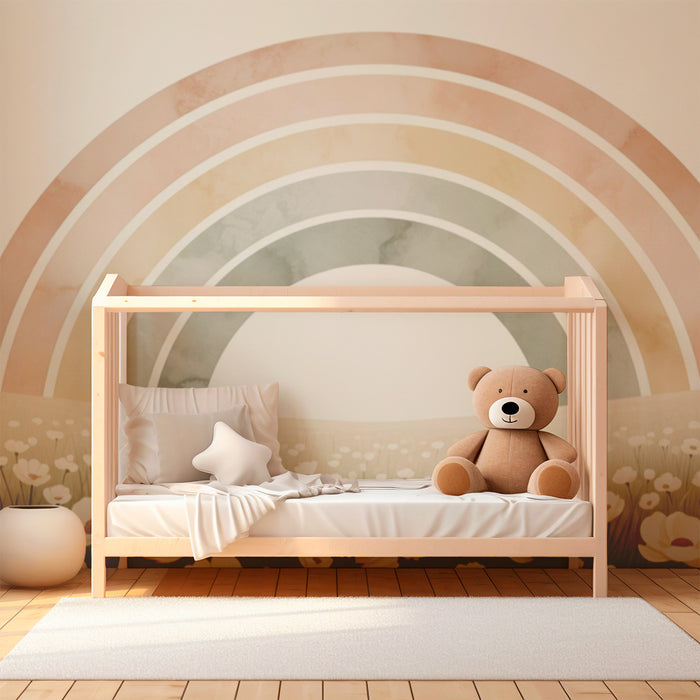 Tapet cameră bebeluși | Curcubeu pastel pe un câmp de flori delicate