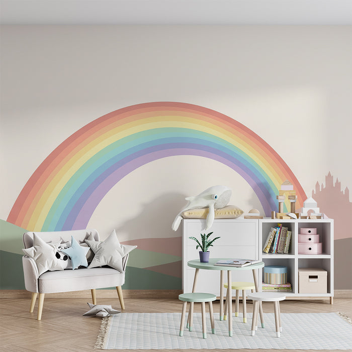 Lastenhuoneen tapetti | Vaaleanpunainen sateenkaari lempeässä maisemassa