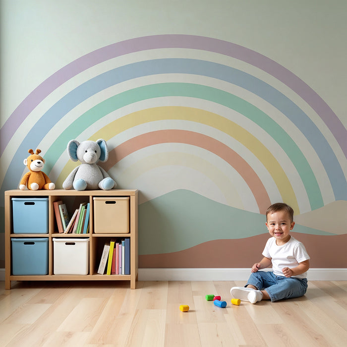 Babykamer behang | Pastel regenboog over een zachte landschap
