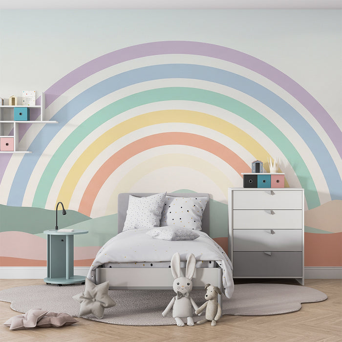 Babykamer behang | Pastel regenboog over een zachte landschap