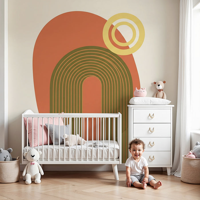 Papier peint chambre bébé | Arc-en-ciel stylisé avec formes géométriques