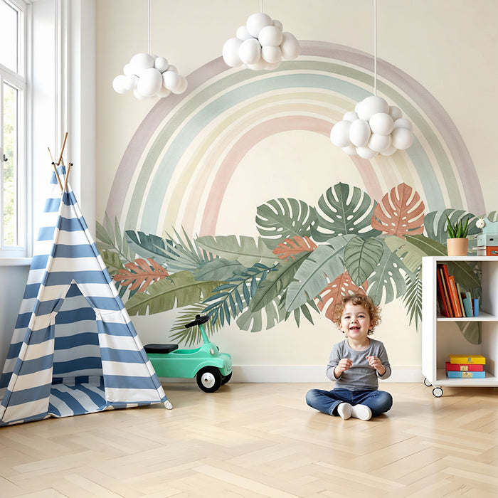 Papel de parede quarto bebê | Dъга върху тропическо листо