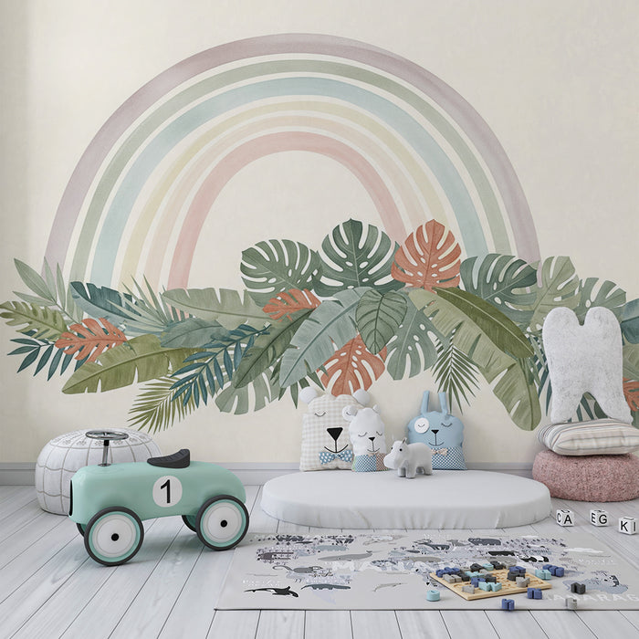 Papel de parede quarto bebê | Dъга върху тропическо листо