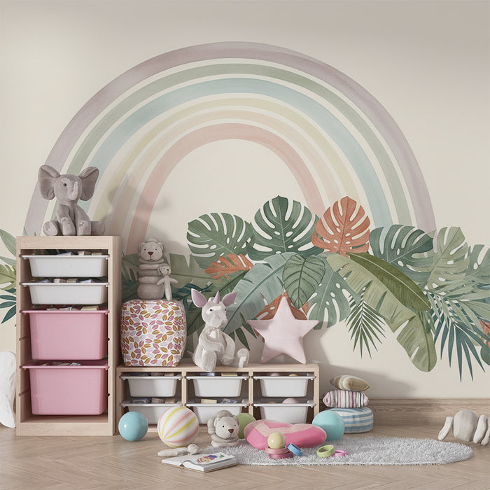 Papel de parede quarto bebê | Dъга върху тропическо листо