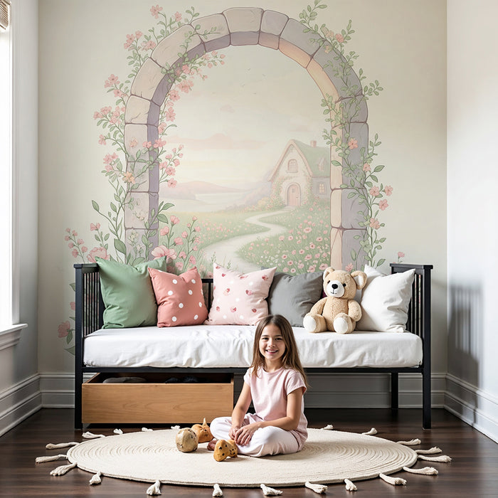 Papier peint chambre bébé | Arc en pierre fleuri avec vue sur une maison paisible