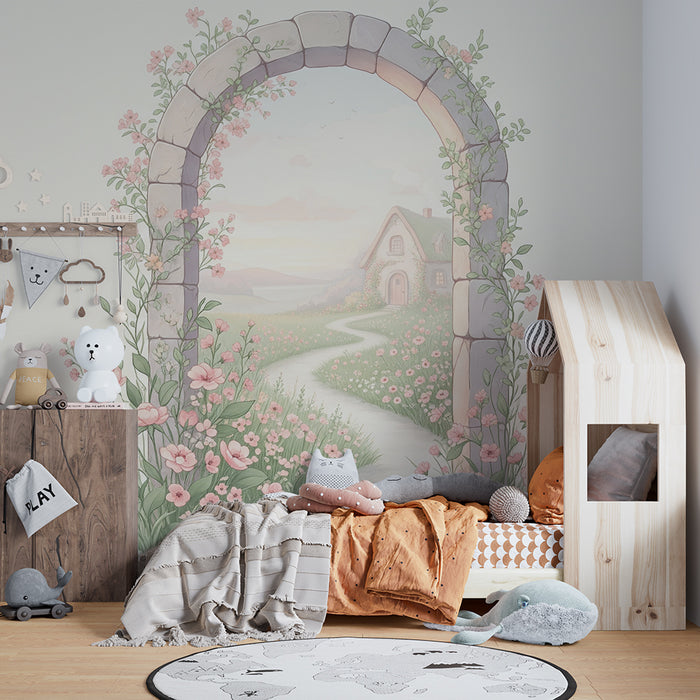 Papier peint chambre bébé | Arc en pierre fleuri avec vue sur une maison paisible