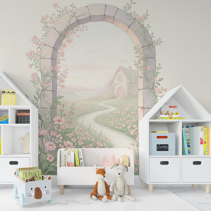 Papier peint chambre bébé | Arc en pierre fleuri avec vue sur une maison paisible