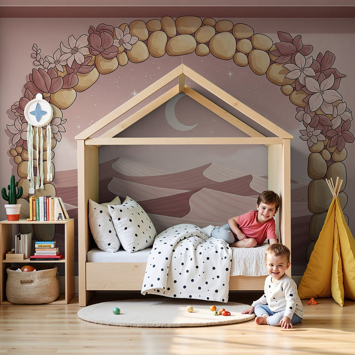Papier peint chambre bébé | Arc fleuri et dunes de sable sous un ciel étoilé