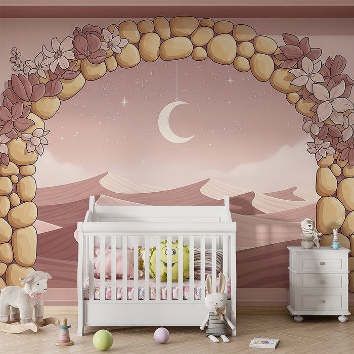 Papier peint chambre bébé | Arc fleuri et dunes de sable sous un ciel étoilé